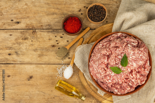 Raw minced meat. Ground pork with spices