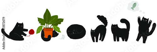 cute fat black doodle cartoon cat set. cat is hiding behind plant,  scary kitten arches its back, sleeps, dreams of a fish. stock vector illustrations isolated on white background.