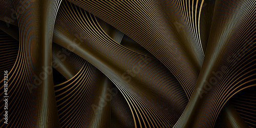 Abstract golden wave isolated on black background. Golden wires stream. Luxury flowing shape. Smooth liquid object