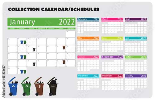 recycle and trash bin collection calendar set