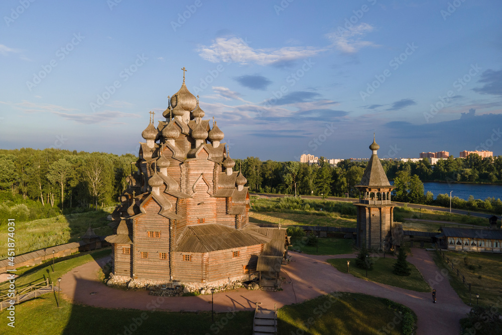 Aerial view of wooden manor Bogoslovka in Saint-Petersburg looks like Kizhi