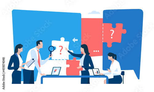 Course. Test. Solution.. Woman holds missing puzzle element. Business vector illustration.
