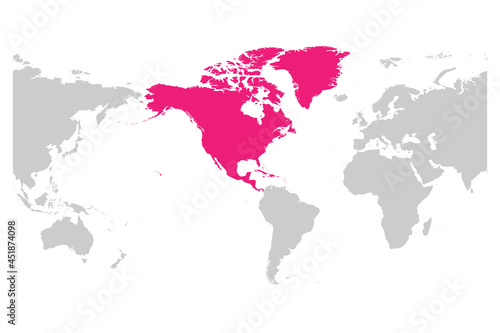 North America continent pink marked in grey silhouette of America centered World map. Simple flat vector illustration.