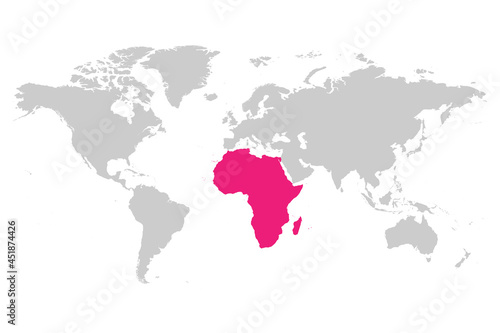 Africa continent pink marked in grey silhouette of World map. Simple flat vector illustration.