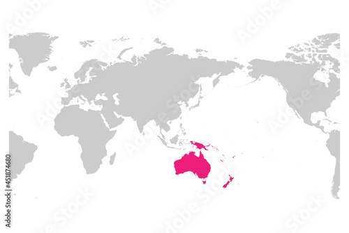 Austtralia and Oceania continent pink marked in grey silhouette of World map. Simple flat vector illustration.