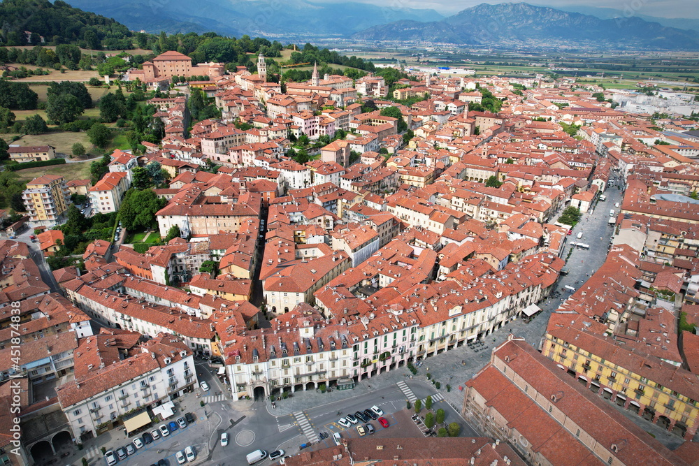Obraz premium Aerial view of the town of Saluzzo, one of the best preserved medieval villages in Piedmont, Italy