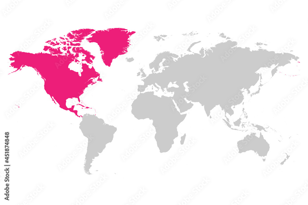 North America continent pink marked in grey silhouette of World map. Simple flat vector illustration. North America continent pink marked in grey silhouette of World map. Simple flat vector illustration.