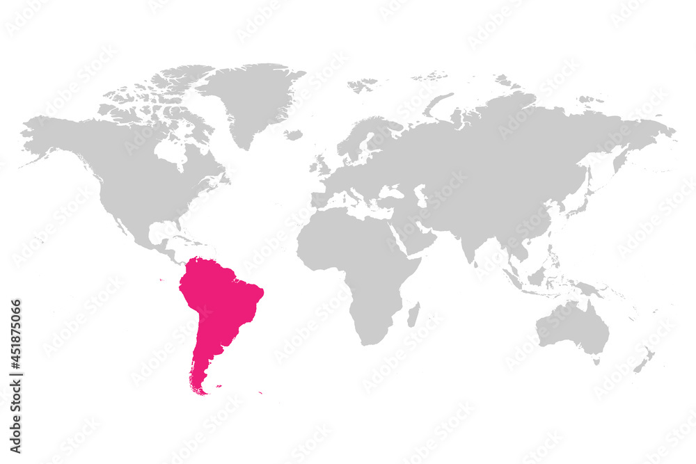 South America continent pink marked in grey silhouette of World map. Simple flat vector illustration.