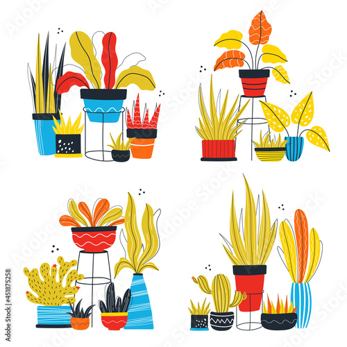 Hand drawn house plants composition set. Flat style vector illustration isolated on white background. Indoor houseplants in pots. Potted doodle  plants collection. 