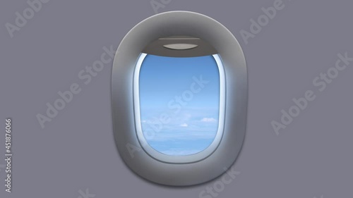 An Airplane (Or Aeroplane) Window Blind Opening To Show Sky And Clouds