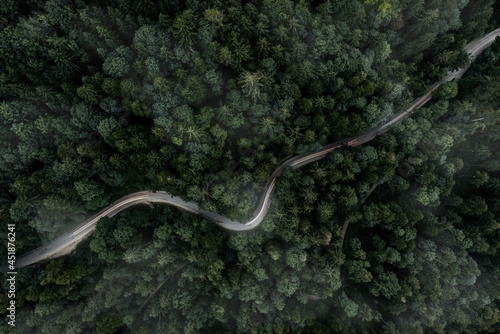 Winding curvy road inside a forest from a top down view of a drone at a foggy evening with a car backlight.