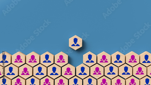 Photos hexagon tile with a person symbol on it is moving up out of many hexagons with p