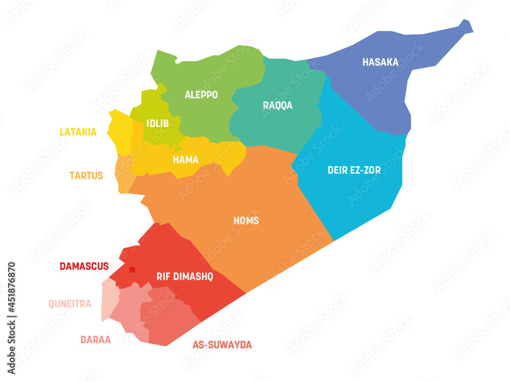 Orange political map of Syria. Administrative divisions - governorates. Simple flat vector map with labels.