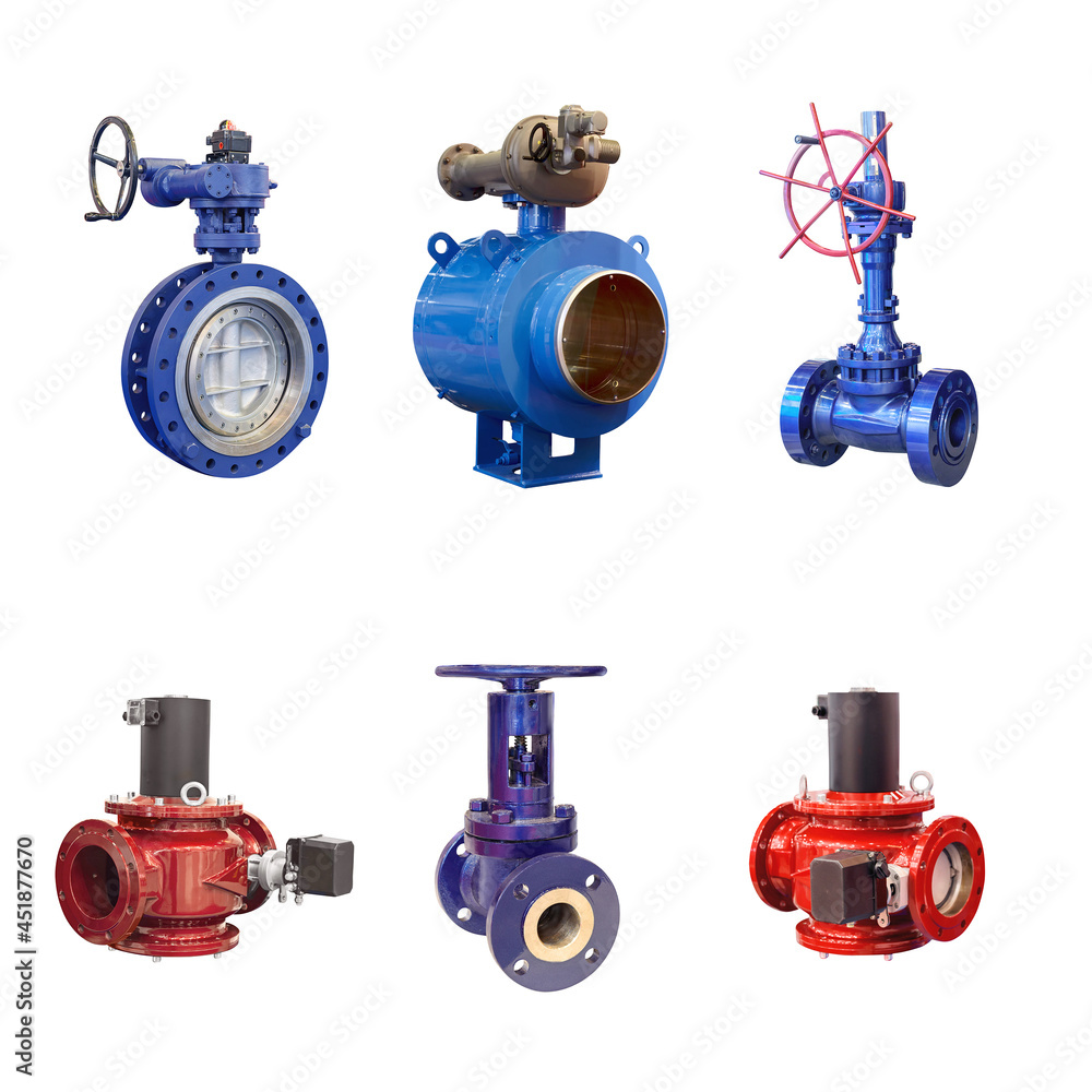 six valves of various designs with automatic and manual control for a gas pipeline on a white background
