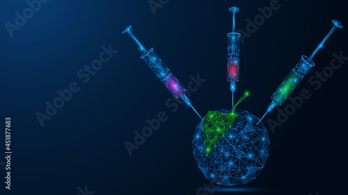 Apple with GMO. Injection of substances with a syringe into the fruit. Polygonal construction of lines and points.