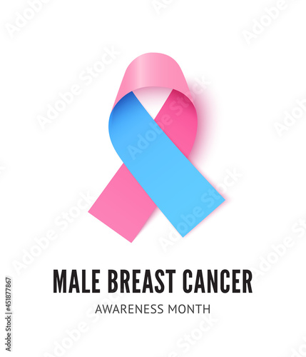 Male breast cancer awareness ribbon symbol. Realistic blue and pink silk ribbon
