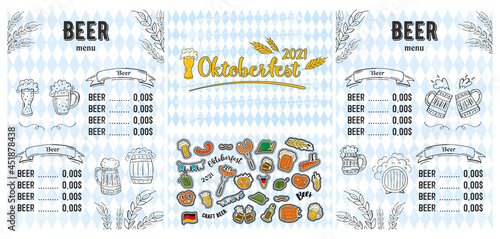 Oktoberfest 2021 - Beer Festival. Hand-drawn Doodle Elements. German Traditional holiday. Octoberfest, Craft Beer. Blue-white rhombus. Set - Beer menu with elements.
