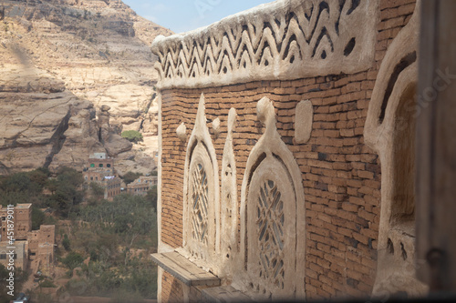 Dar al-Hajar in Wadi Dhahr, a royal palace on a rock. one of the most iconic Yemeni buildings. traditional Yemeni heritage architecture design details in historic Sanaa town and buildings in Yemen.