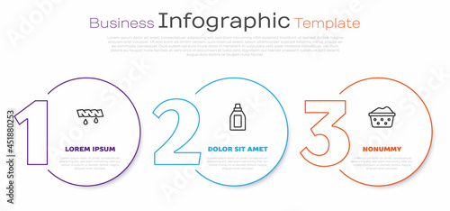 Set line Squeeze clothes, Bottle for cleaning agent and Basin with soap suds. Business infographic template. Vector