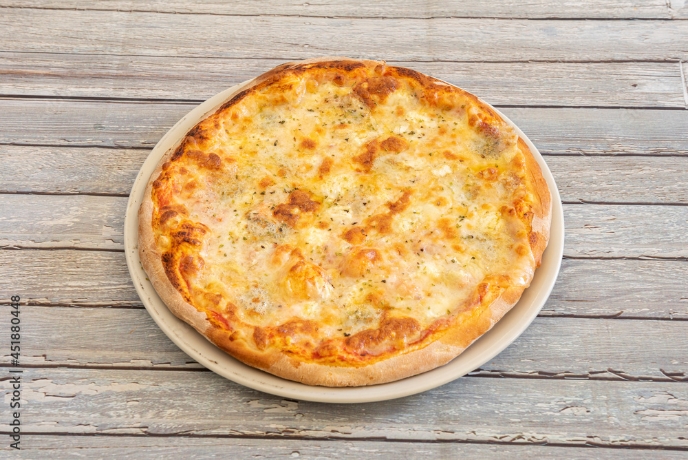 Italian Chef Cooked Four Cheese Oregano Stone Oven Pizza on White Plate Italian Chef Cooked Four Cheese Oregano Stone Oven Pizza on White Plate