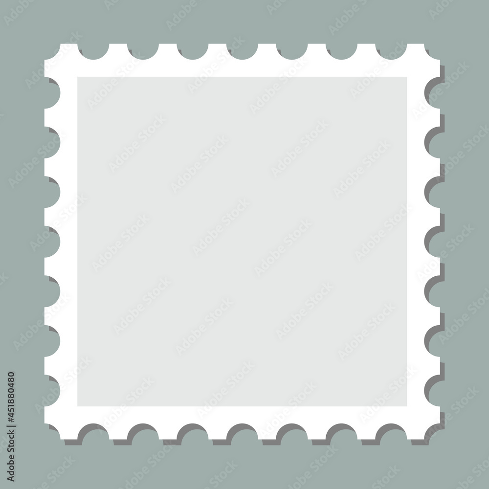 Postcard empty stamp frame vector. Square toothed border blank postage mark frame. Clean postal sticker with copy space.
