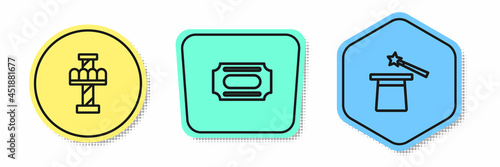 Set line Attraction carousel, Circus ticket and Magic hat and wand. Colored shapes. Vector