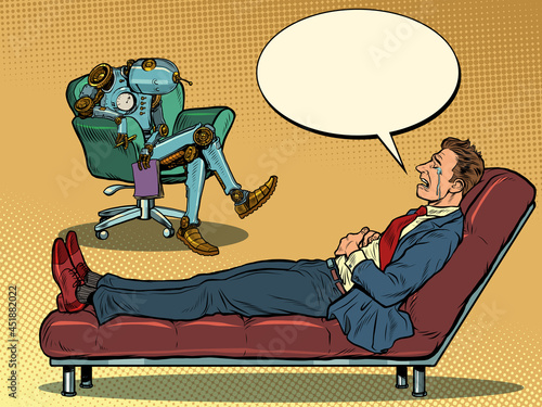 Robot psychotherapist in a psychotherapy session with a patient, bored and asleep