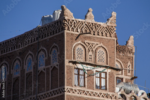 Traditional architecture in Sanaa, Yemen. Inhabited for more than 2.500 years at an altitude of 2.200 m, the Old City of Sanaa is a UNESCO World Heritage City.