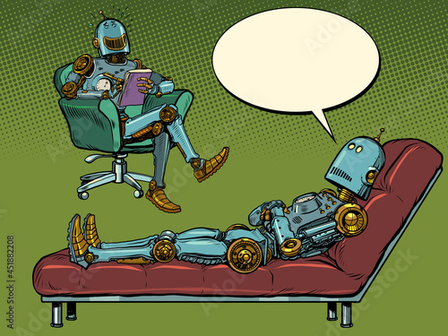 A robot psychotherapist at a psychotherapy session with a patient, listens to the robot, laughs and makes notes in a notebook