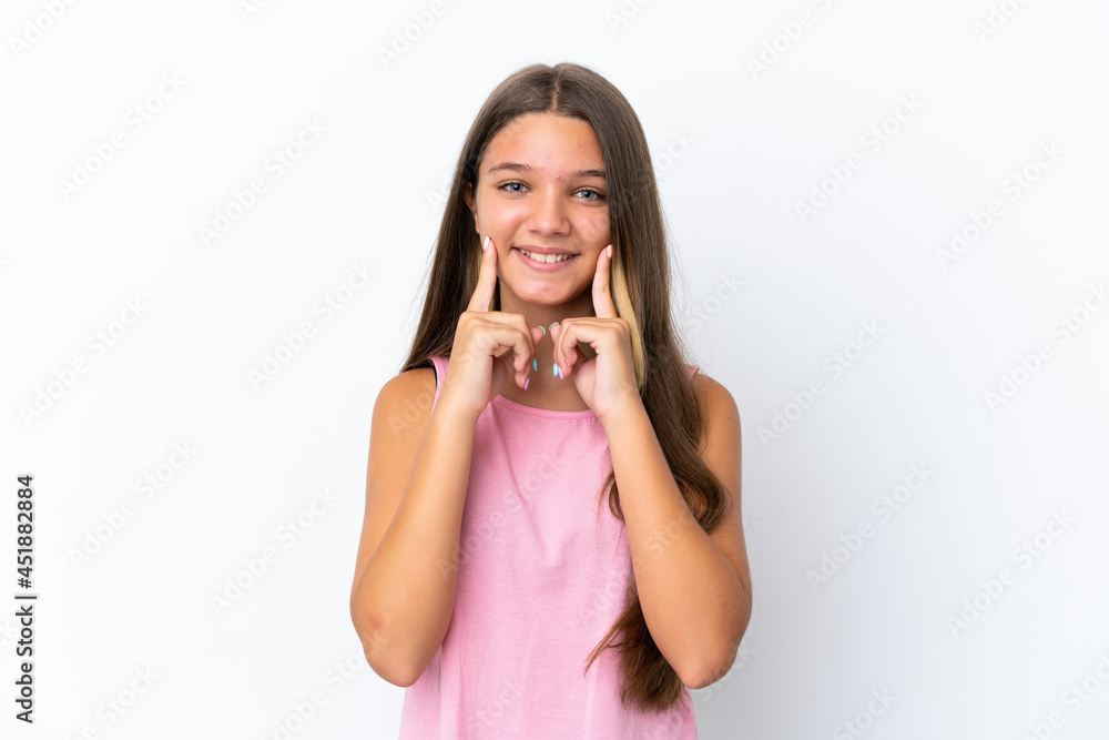 Little caucasian girl isolated on white background smiling with a happy and pleasant expression Little caucasian girl isolated on white background smiling with a happy and pleasant expression