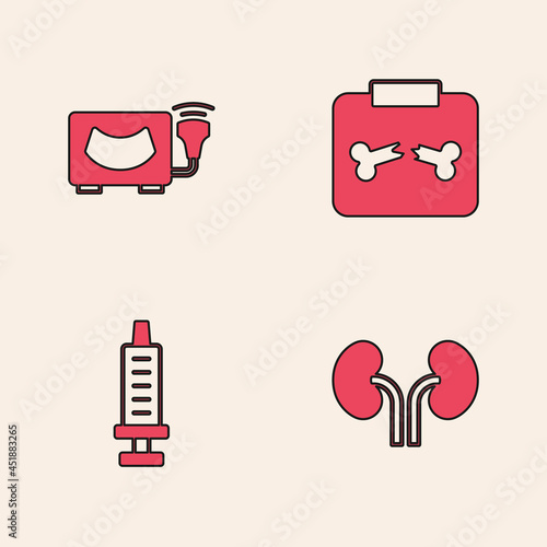 Set Human kidneys, Ultrasound, X-ray shots with broken bone and Syringe icon. Vector