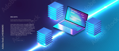 Cloud services isometric composition. Big data analysis storage business intelligence systems modern high tech isometric background connected with dashed lines. Station of future, server room rack.