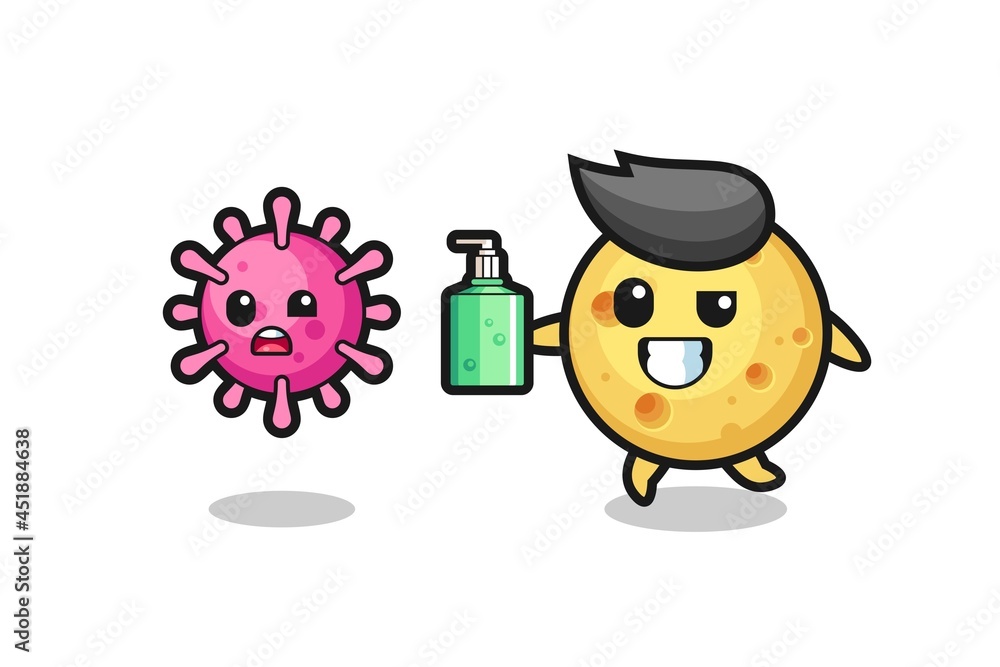 illustration of round cheese character chasing evil virus with hand sanitizer illustration of round cheese character chasing evil virus with hand sanitizer