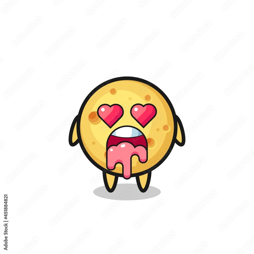 the falling in love expression of a cute round cheese with heart shaped eyes
