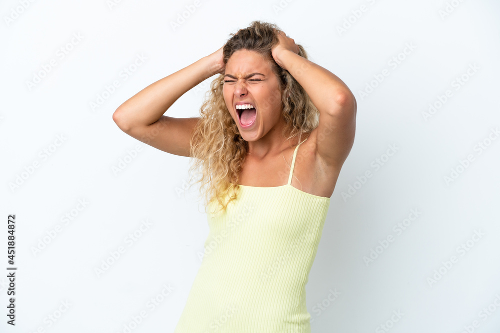 Girl with curly hair isolated on white background stressed overwhelmed Girl with curly hair isolated on white background stressed overwhelmed