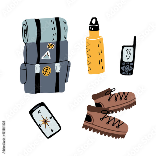 Hiking, camping set, tourist, explorer, alpinist equipment. Backpack, track boots, navigator, water bottle, compass app