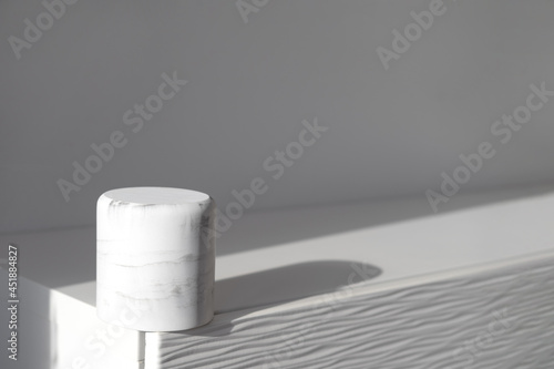 White Marble Pedestal Or Empty Stage For Product. Mockup. Template For Cosmetic. Abstract Podium With Hard Shadow
