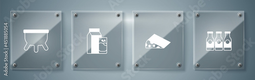 Set Bottle with milk, Cheese, Paper package for kefir and Udder. Square glass panels. Vector