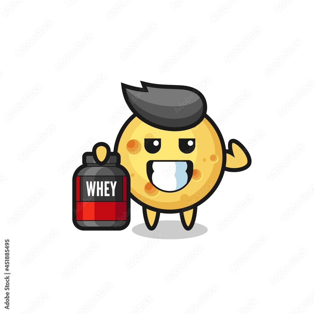 the muscular round cheese character is holding a protein supplement