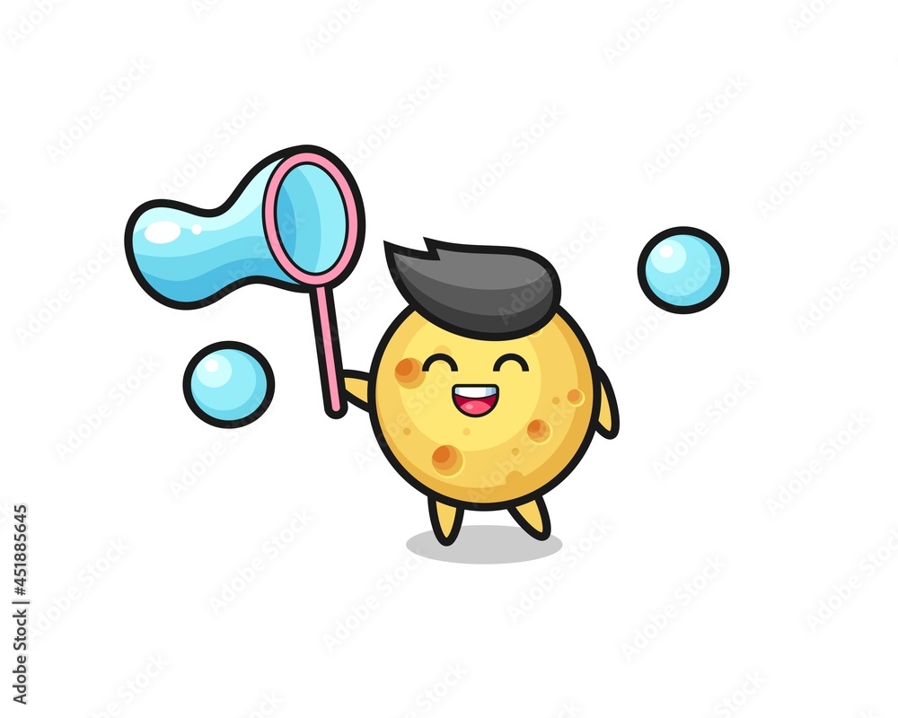 happy round cheese cartoon playing soap bubble happy round cheese cartoon playing soap bubble