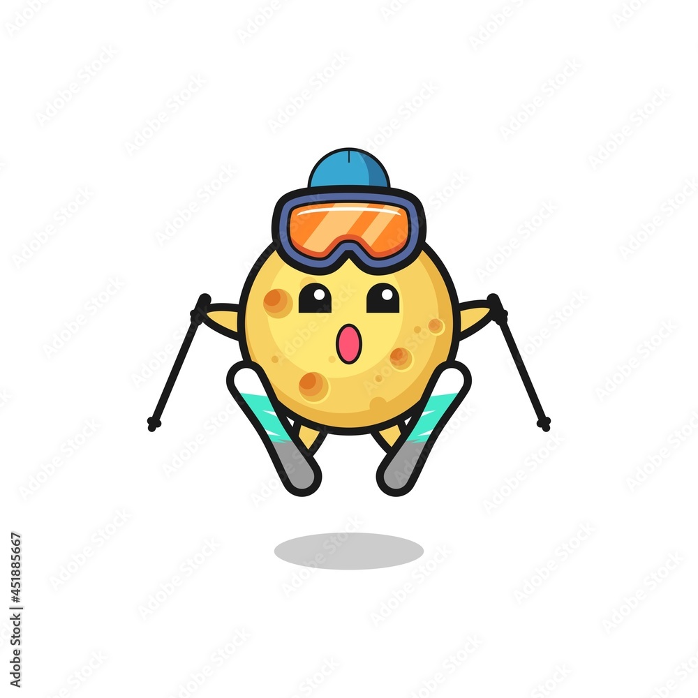 round cheese mascot character as a ski player