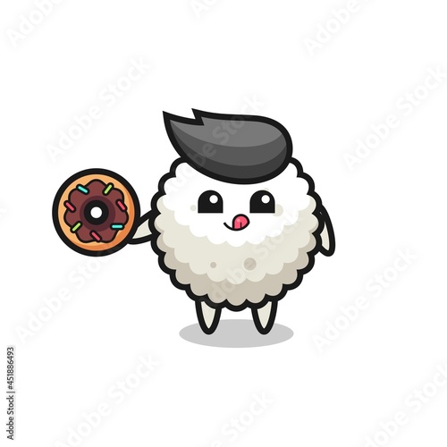 illustration of an rice ball character eating a doughnut