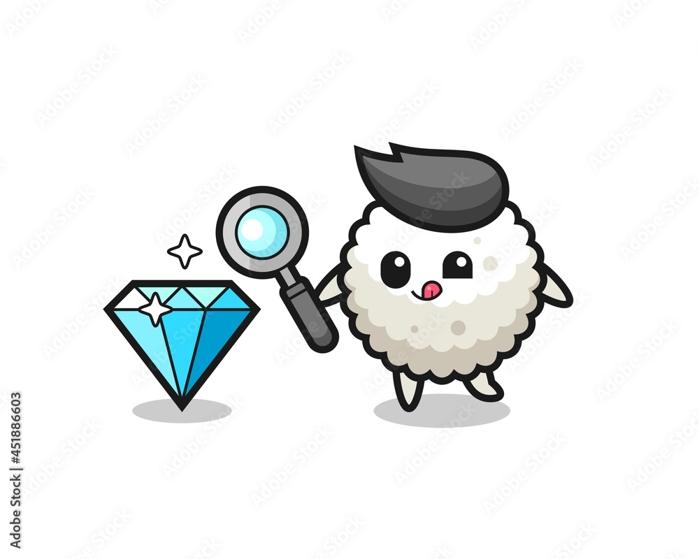 rice ball mascot is checking the authenticity of a diamond rice ball mascot is checking the authenticity of a diamond