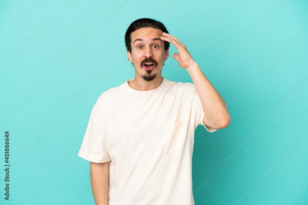 Young caucasian man isolated on blue background has realized something and intending the solution Young caucasian man isolated on blue background has realized something and intending the solution