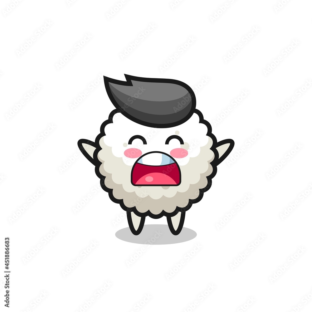 cute rice ball mascot with a yawn expression