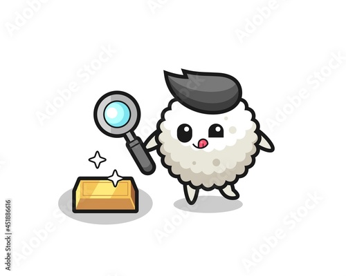 rice ball character is checking the authenticity of the gold bullion
