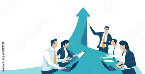 Business plan. Team leader presents business goal. Vector illustration.