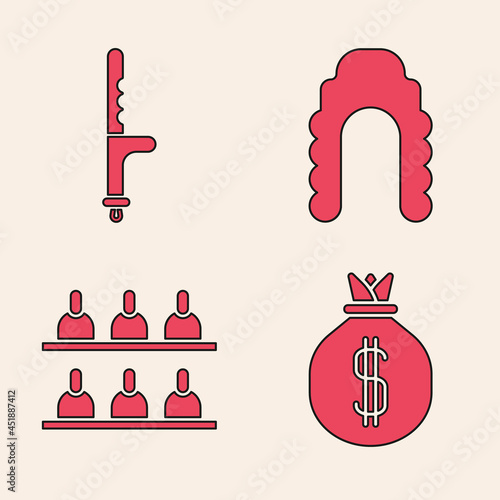 Set Money bag, Police rubber baton, Judge wig and Jurors icon. Vector