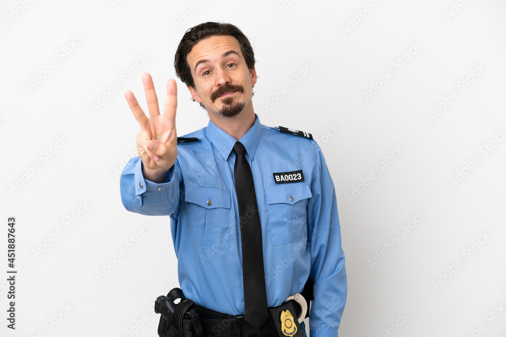 Young police man over isolated background white happy and counting three with fingers Young police man over isolated background white happy and counting three with fingers