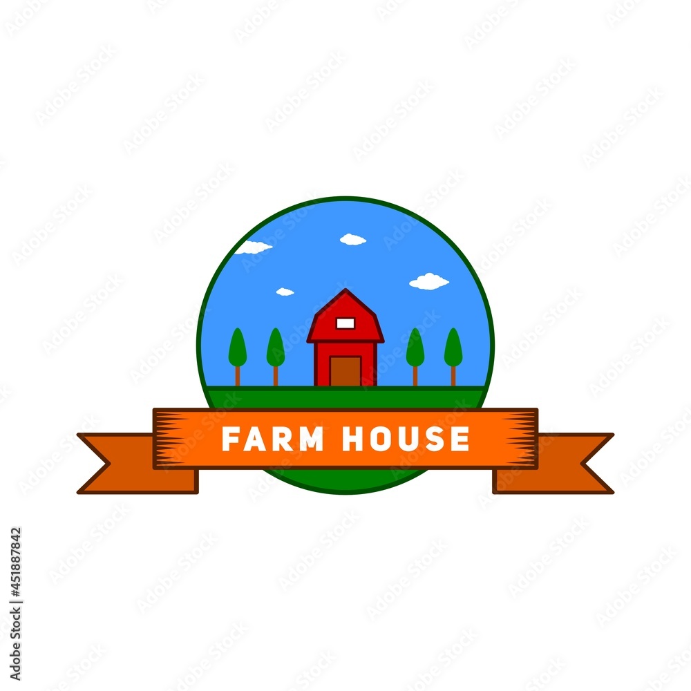 farmhouse logos. country house logo on grass field, ribbon logo in simple style